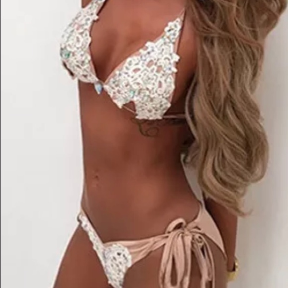Nude beige lace crystal rhinestone bikini swimsuit yacht beach babe sexy Vegas - Picture 4 of 6